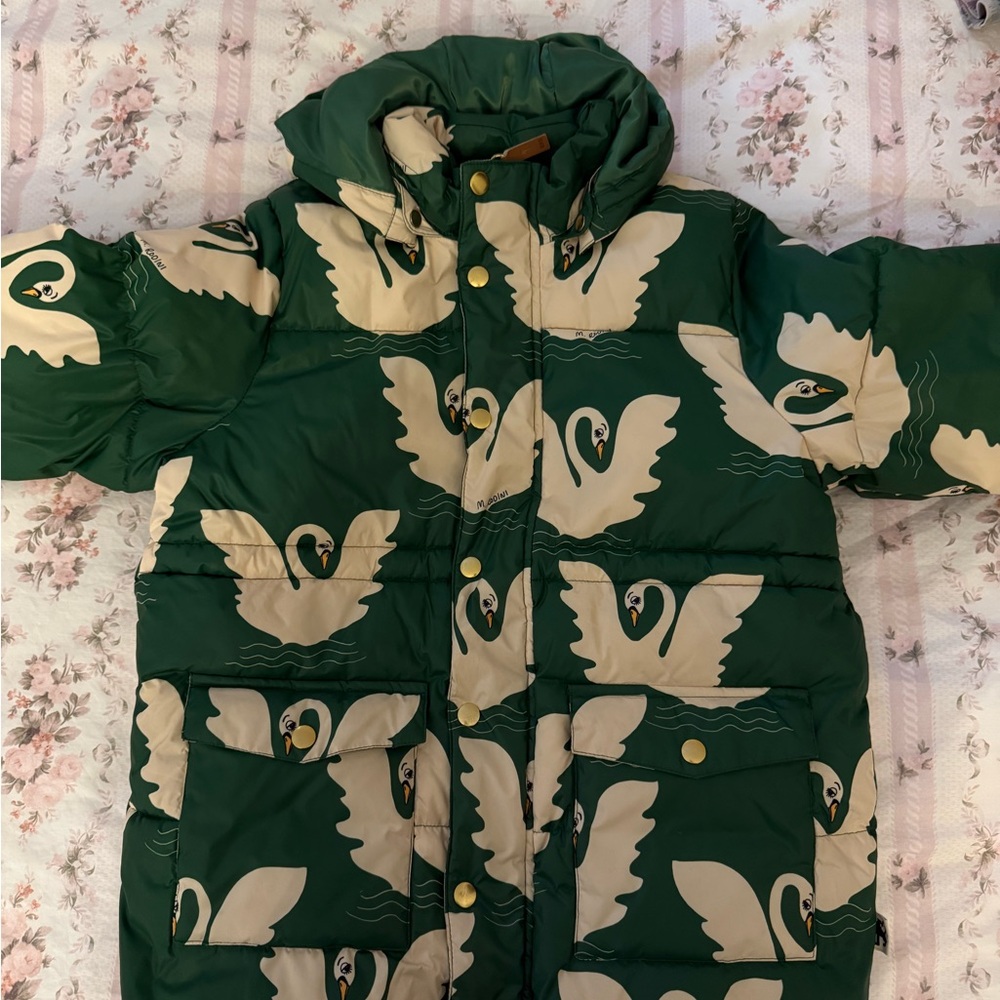 Mini Rodini Green Cream Puffer Jacket with Swan Design